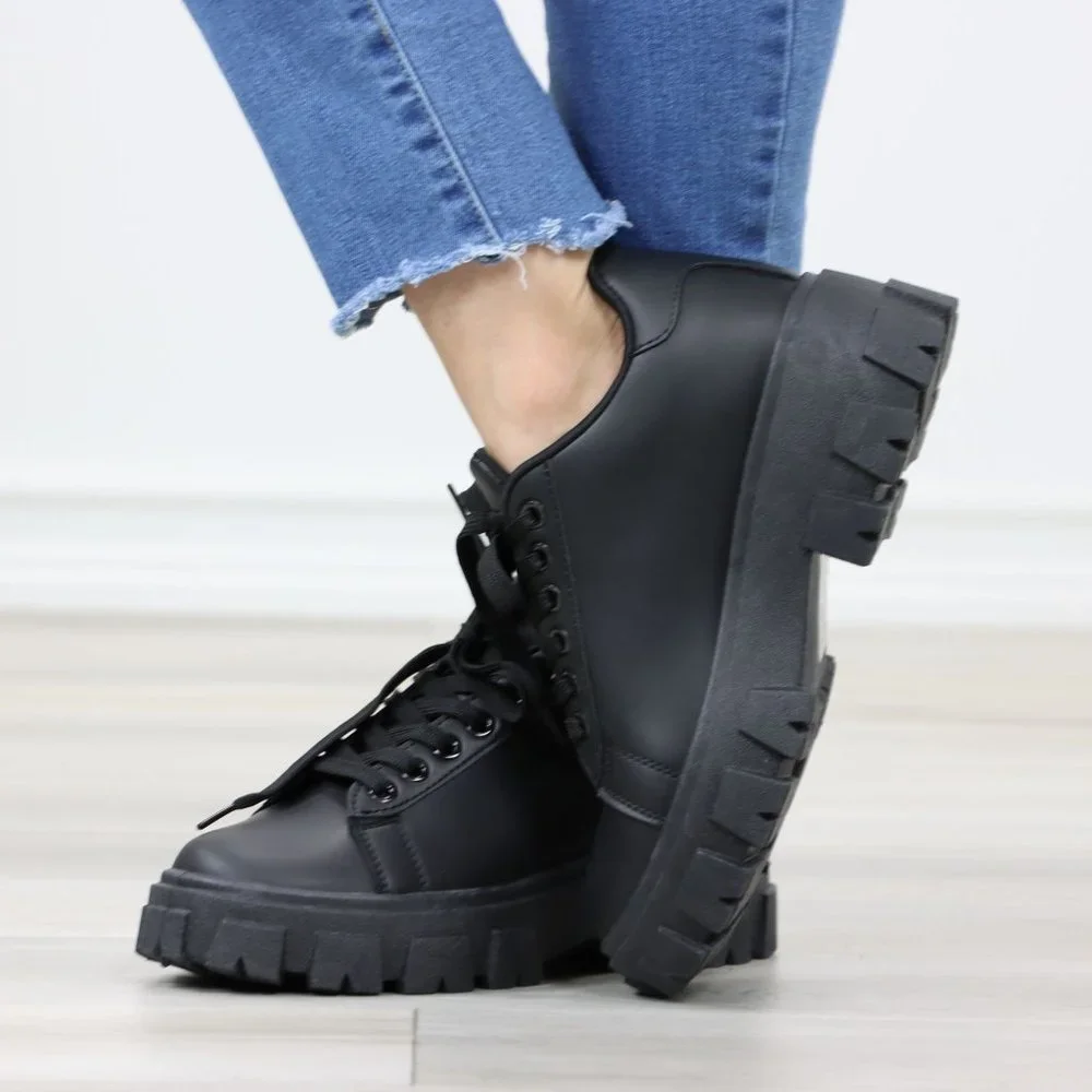 Black Chunky Lace-Up Lug Sole Oxford Platform Women's Shoes - Picture 8 of 12